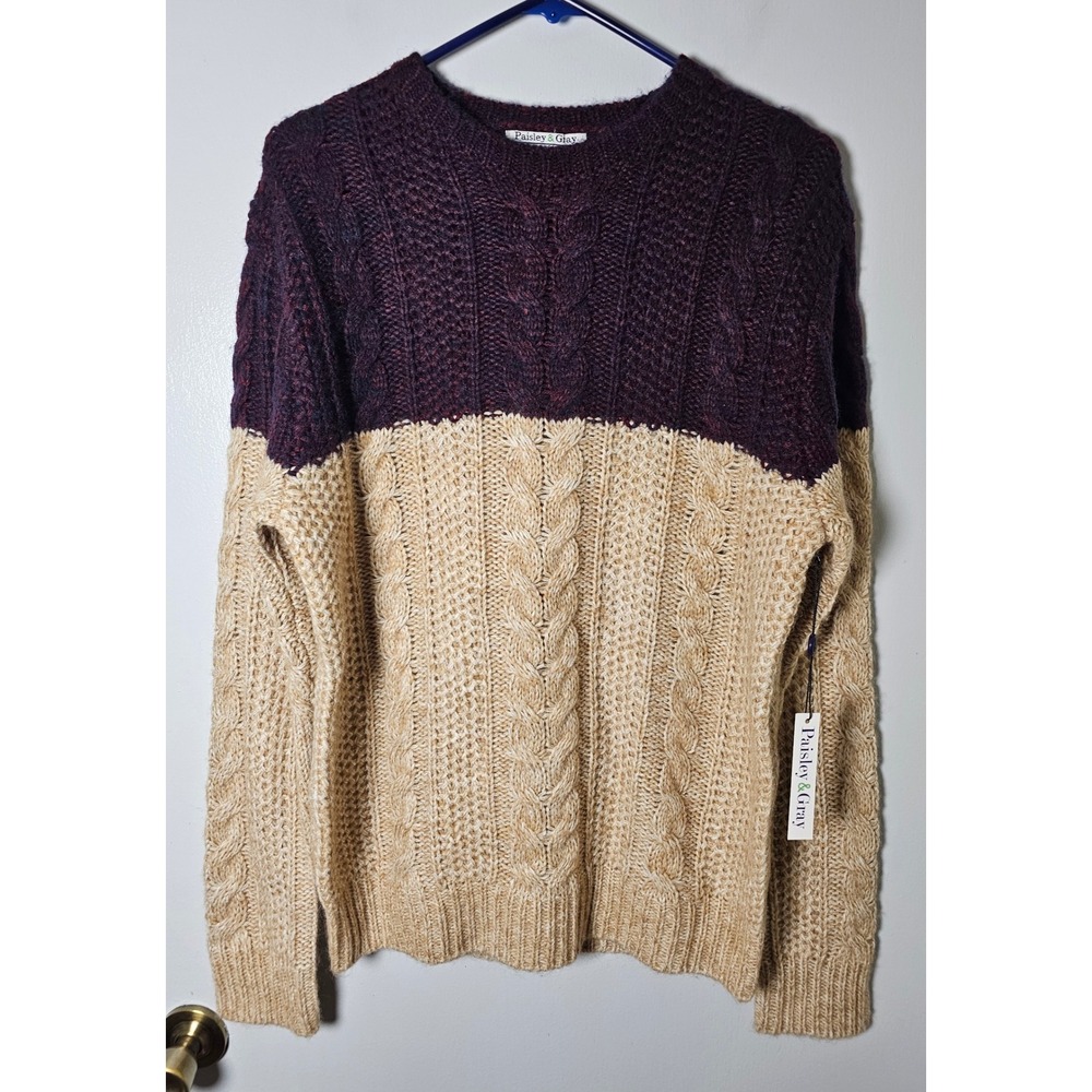 Paisley & Gray Mens XL Cable Knit Color Block Sweater Burgundy Tan Wool Blnd NWT
